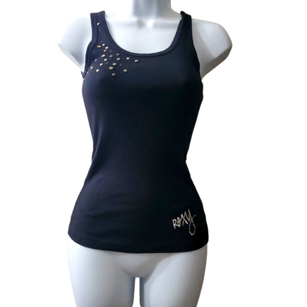 Vintage Y2k 2000s Punk Emo Womens Black Studded Roxy Racerback Tank Top